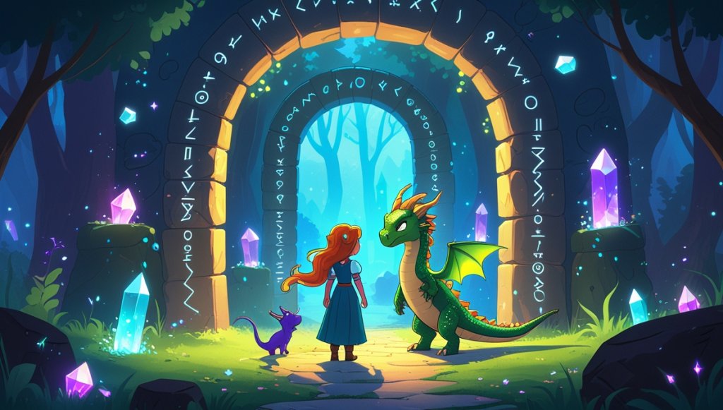 Princess with golden hair and a clever emerald dragon at the glowing labyrinth entrance, surrounded by magical creatures.