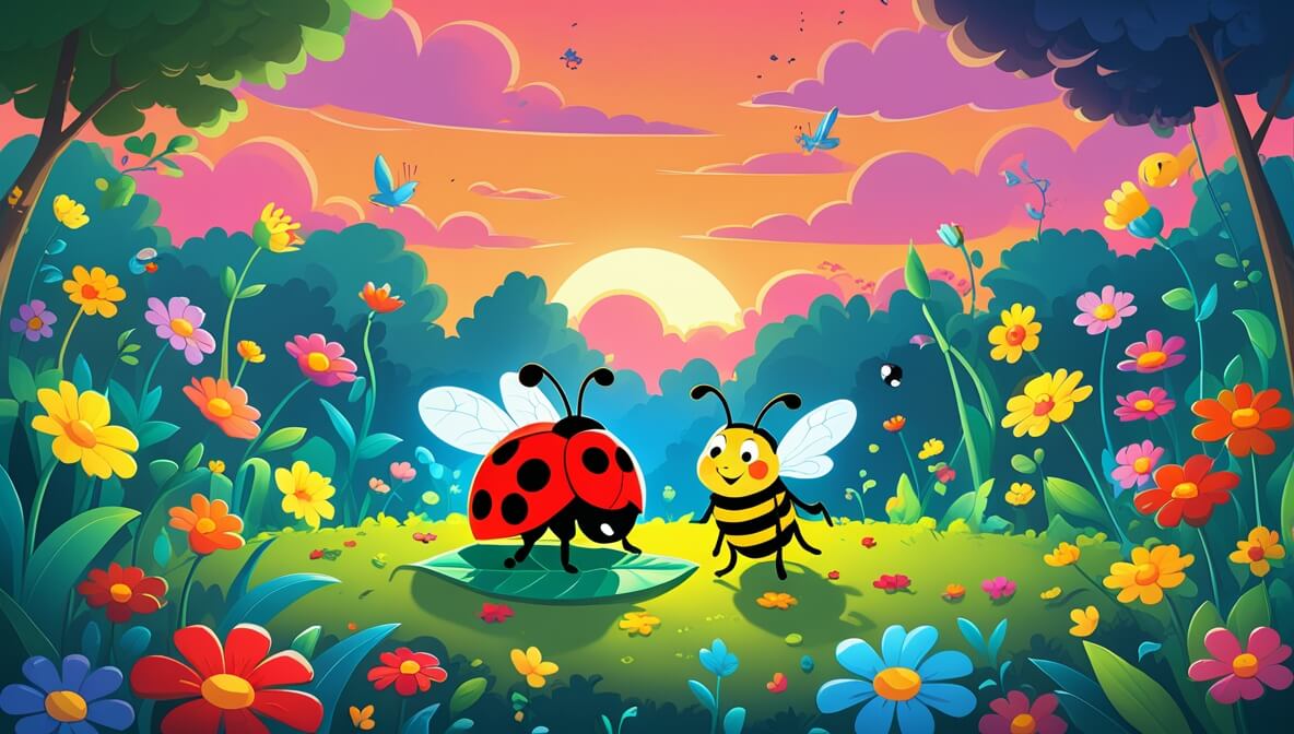 Ladybug and bee on a leaf in a colorful flower garden at sunset with pink and orange sky.