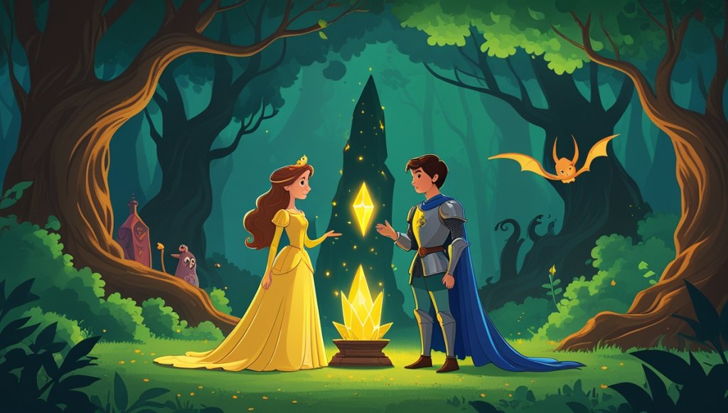 Brave princess and noble prince face dark sorcerer; glowing crystal lights up the green forest around them.