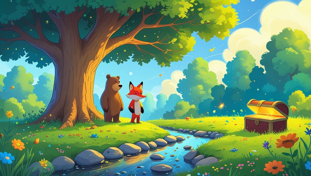 Curious bear and clever fox by an oak tree, sparkling stream nearby, meadow with glowing chest and wildflowers.