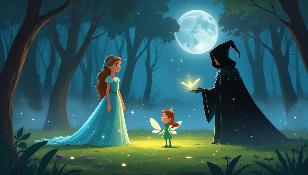 Brave princess with fairy faces Shadow Witch in moonlit forest, revealing vibrant kingdom beyond.