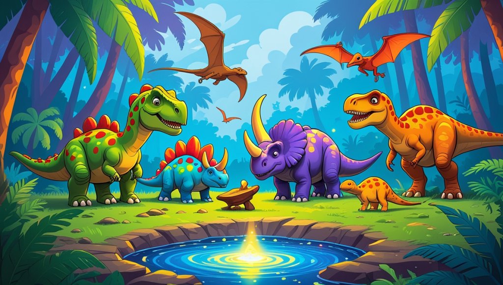 Colorful Stegosaurus and other dinosaurs in a lush jungle with a glowing meteorite by a bubbling watering hole.