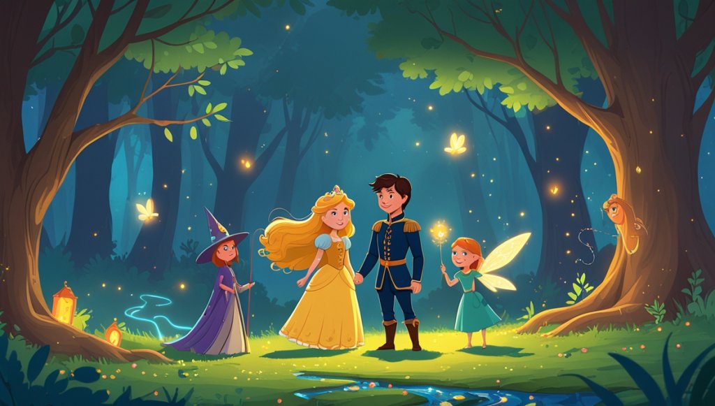Princess with golden hair, kind prince, gentle witch, and forest fairy in enchanted forest with fireflies.
