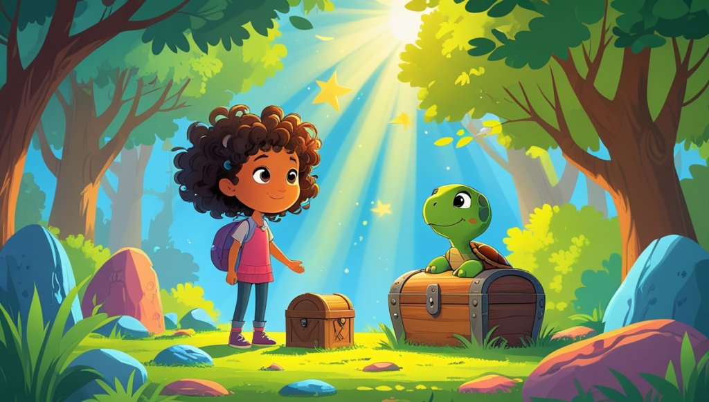 Miri and Timbo by a wooden chest in a sunlit clearing with colorful stones and vibrant green trees.