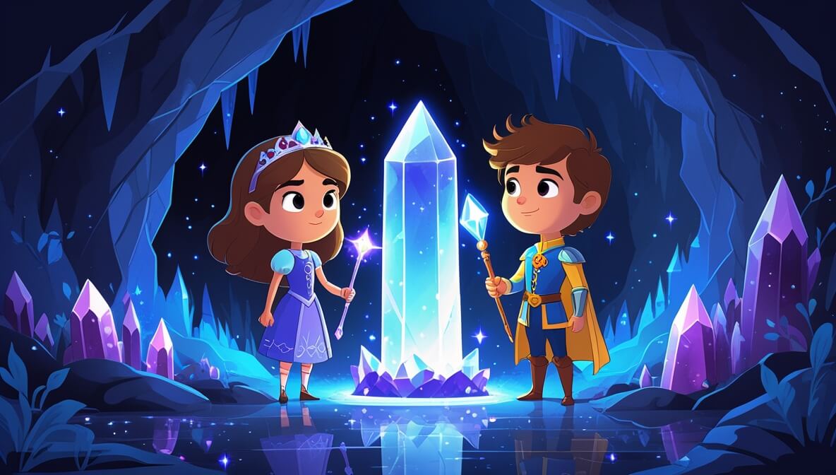 Princess and prince hold a glowing wand in a shimmering cave, surrounded by blue and purple light.