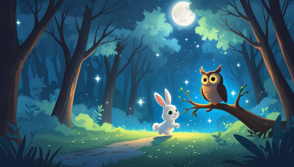 Fluffy white bunny hops in a moonlit forest, alongside a wise owl under twinkling stars and glowing path