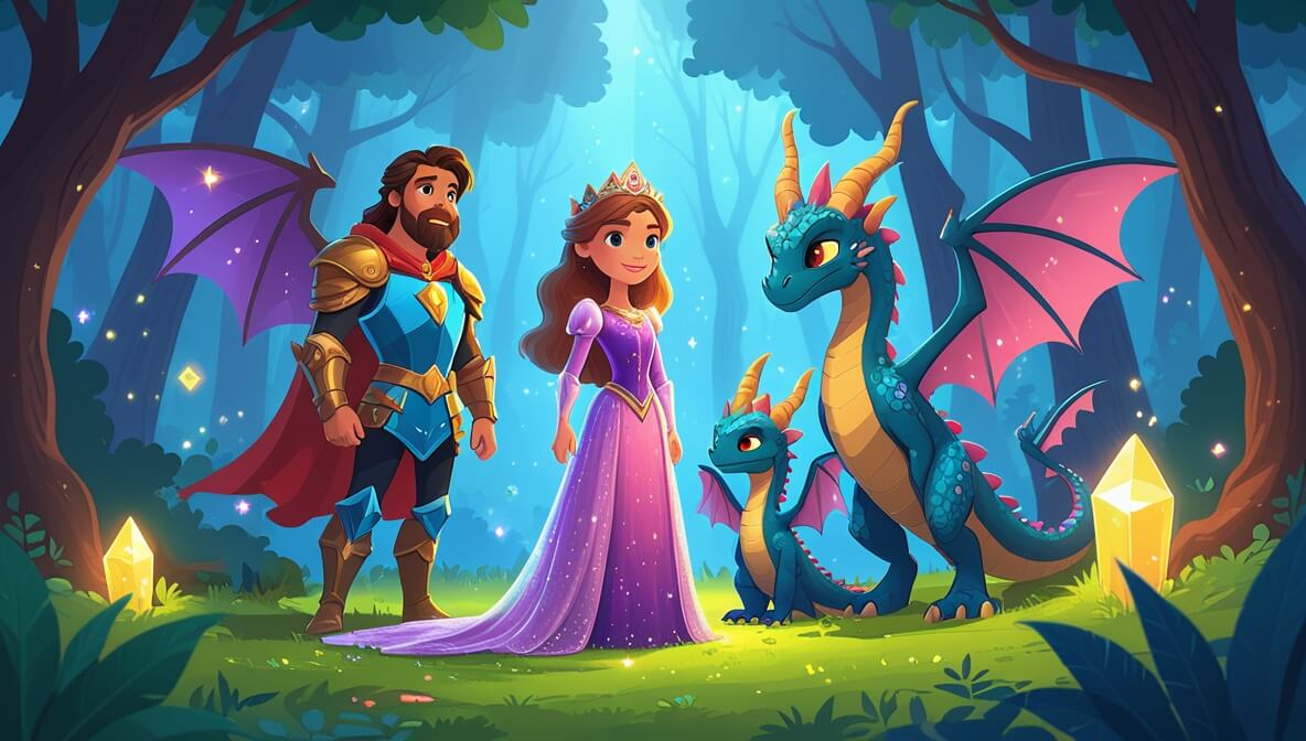 Princess Anwen, Sir Drystan, fairy Fiora, and dragon Umbra in a mystical forest with a glowing crystal.