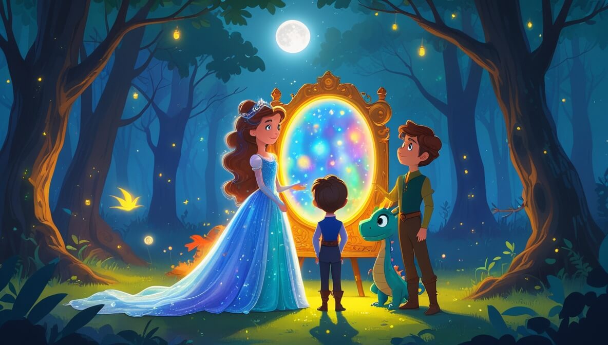 Princess, prince, and dragon standing before a glowing mirror in moonlit Enchanted Woods with colorful reflections.