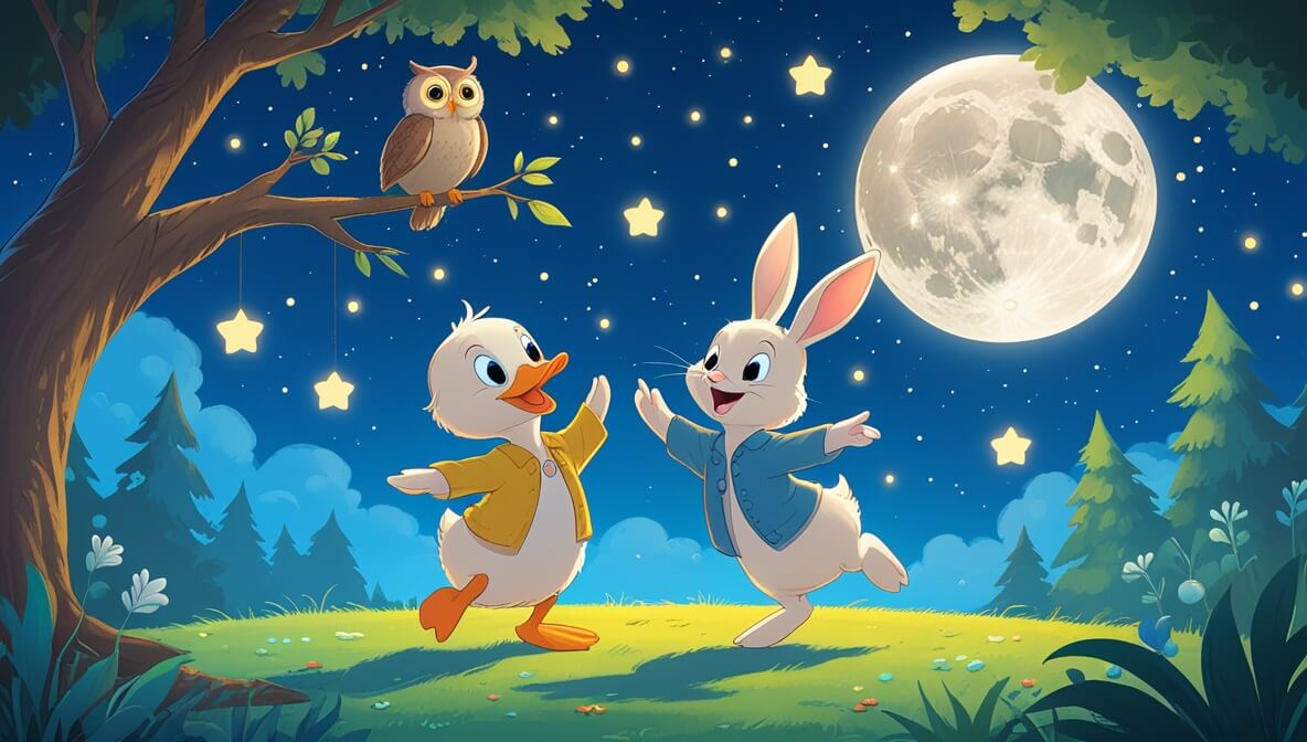 Duckling and rabbit dance under the moonlight, with stars twinkling and an owl observing from a tree.
