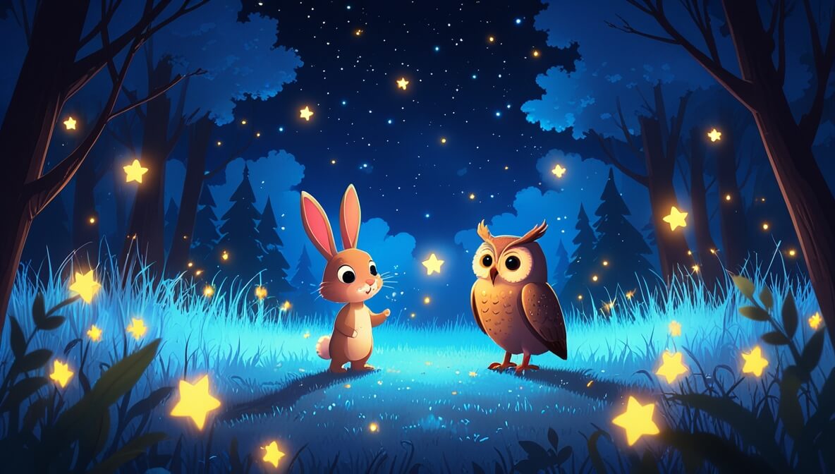 Bunny and owl in a moonlit forest clearing with twinkling stars and dancing fireflies.