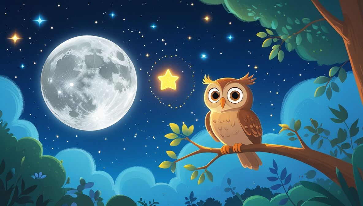Wide-eyed owl on a branch, sparkling firefly, and a smiling star under a glowing moon in a starry night sky.