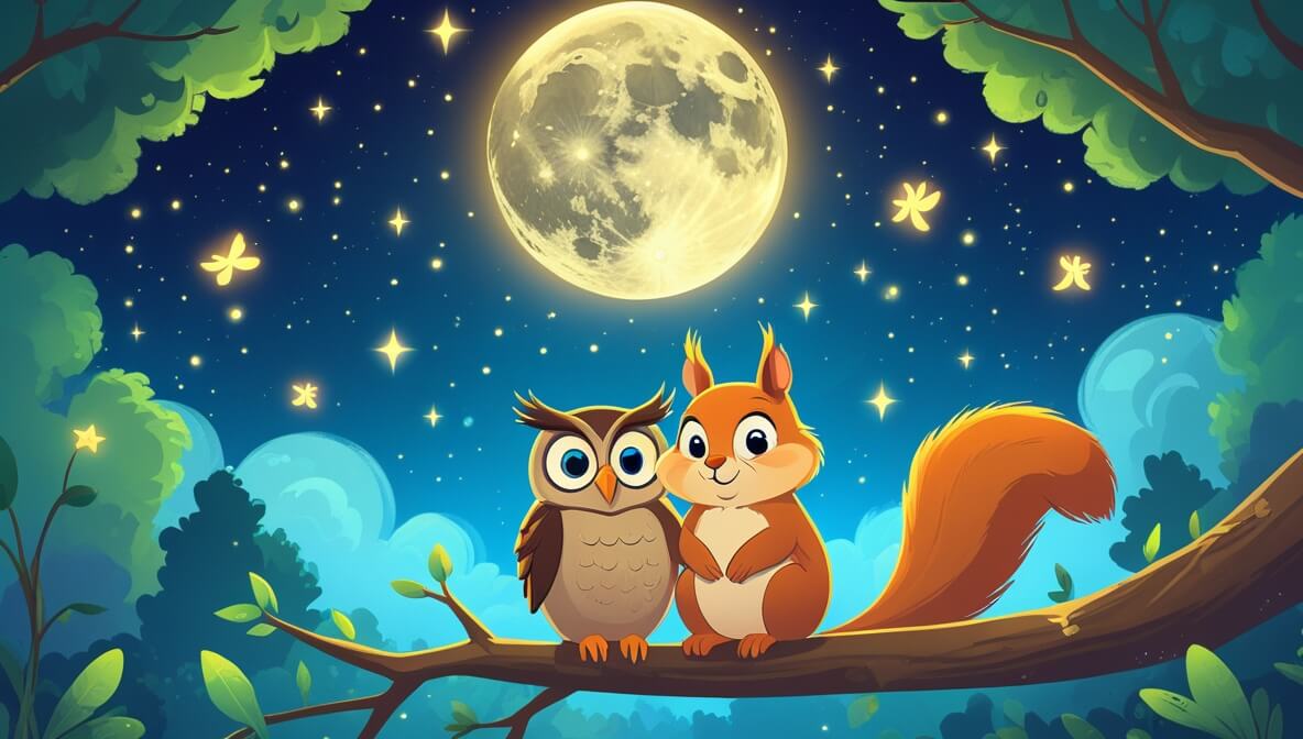 Owl and squirrel on a branch under a glowing full moon, surrounded by stars and dancing fireflies.