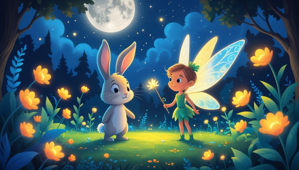 Curious bunny and fairy in a glowing garden under a silver moon with blue and gold hues.