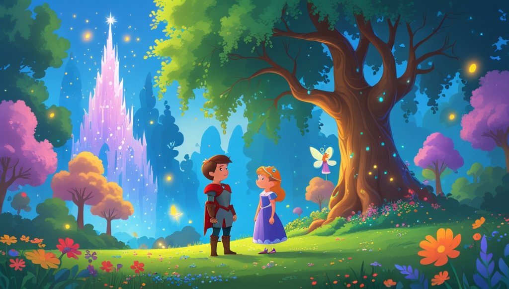 Princess and knight by a grand willow tree, vibrant garden, fairy with rainbow wings, glowing fireflies around.