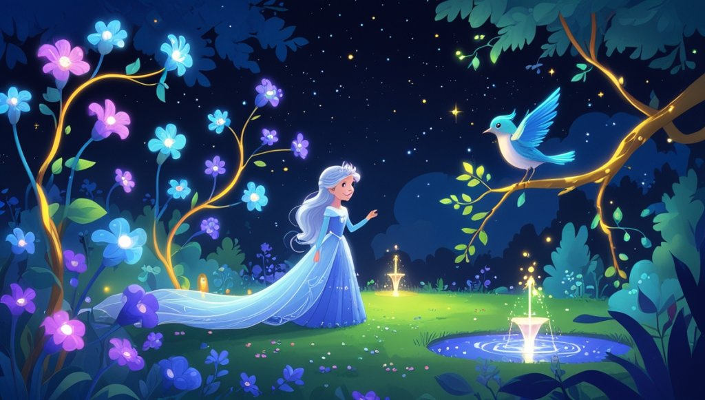Silver-haired princess in a moonlit garden with glowing nightflowers, a shimmering nightingale, and magical fountains.