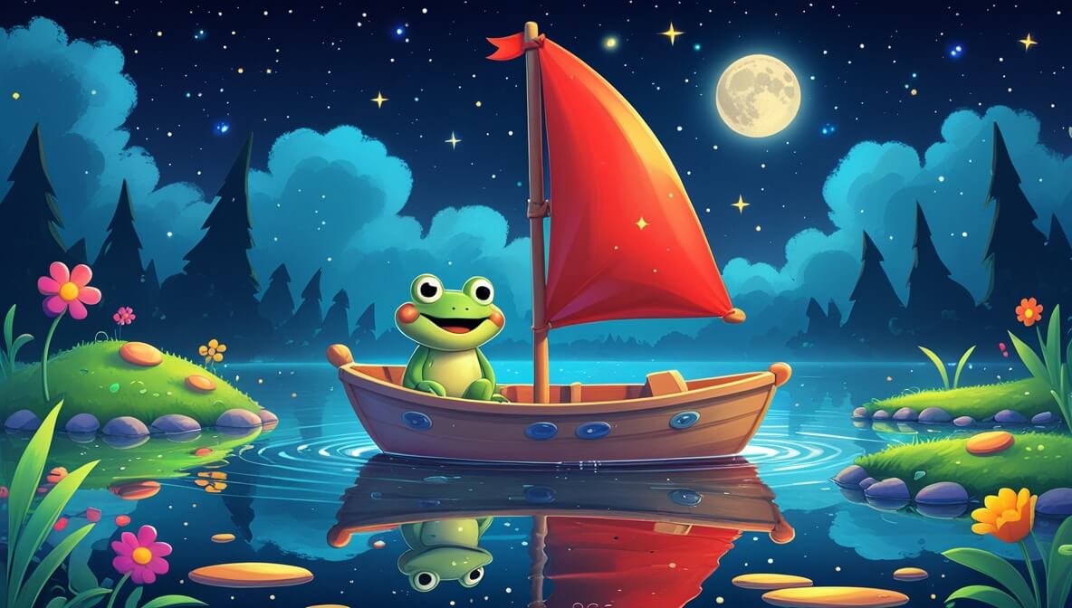 Toy boat with red sail on moonlit pond, smiling frog aboard, starry sky reflection, island with flowers nearby.