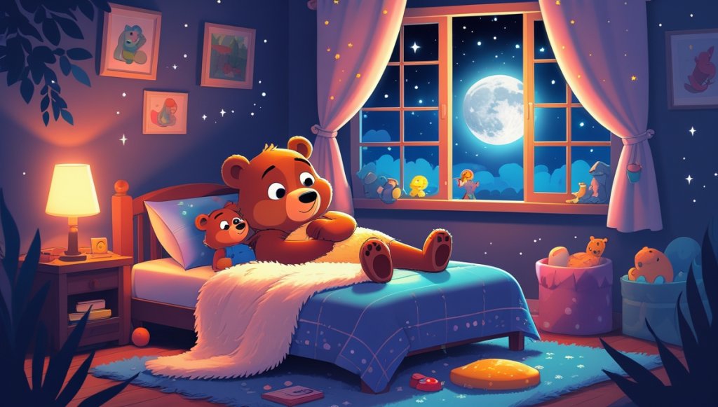 Cozy room with Benji the Bear in bed, Momma Bear nearby, moonlight glowing through window, stars twinkling.