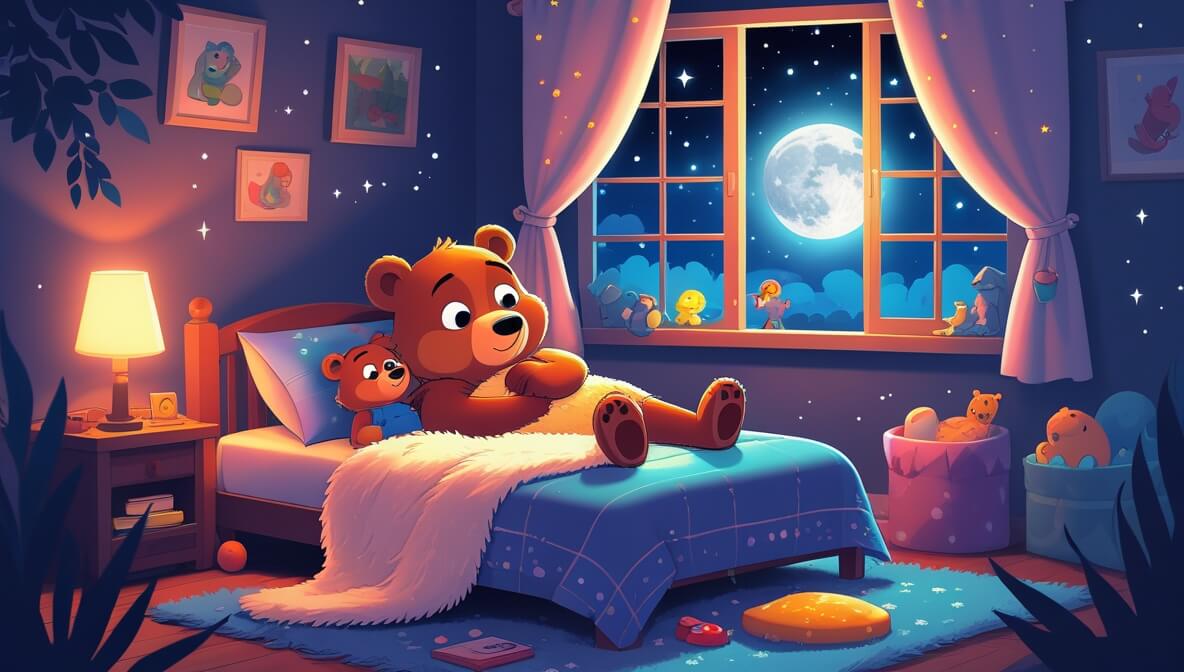 Cozy room with Benji the Bear in bed, Momma Bear nearby, moonlight glowing through window, stars twinkling.