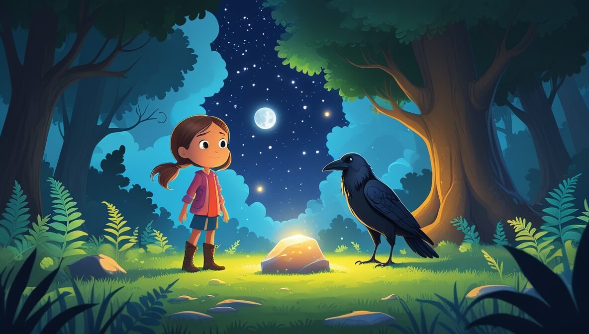 Curious girl and wise raven in a moonlit forest glade with a glowing stone and towering trees.
