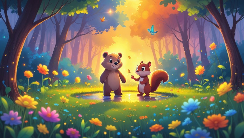 Bear cub and squirrel in a magical forest clearing with rainbow flowers and a glowing golden pond.
