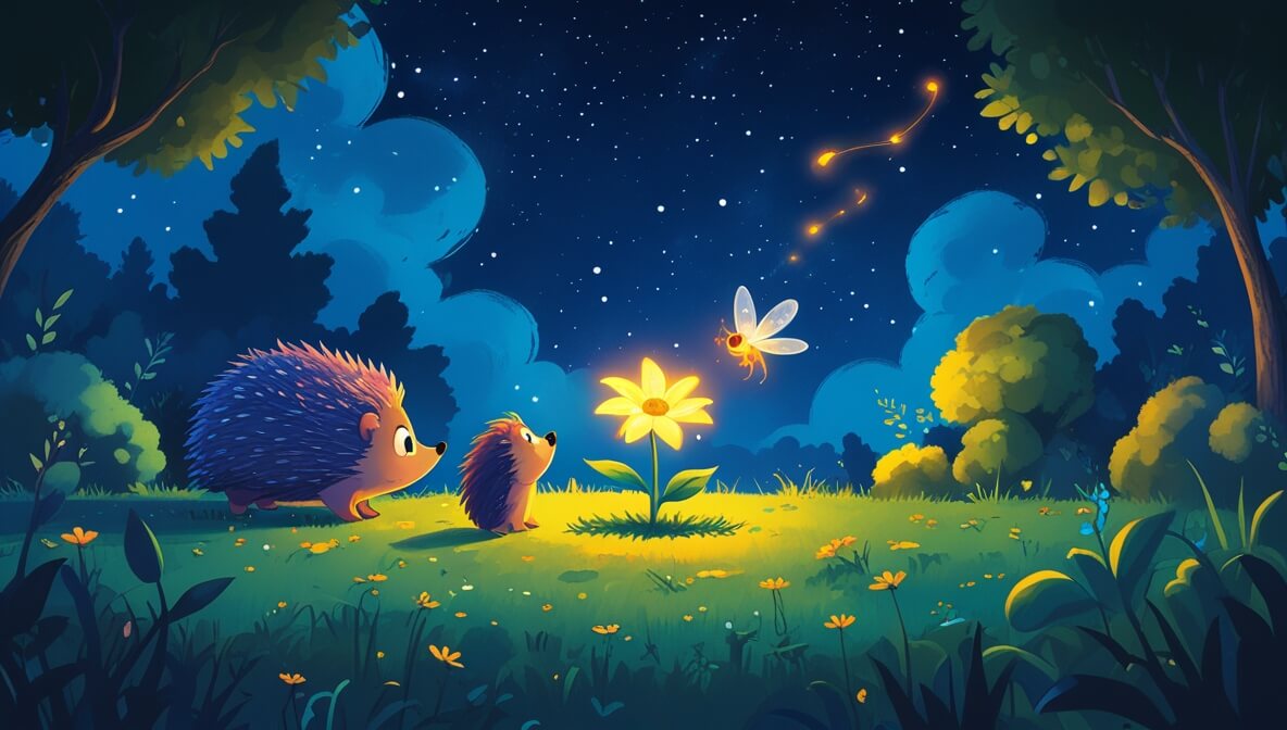 Hedgehog and firefly in a nighttime garden with a glowing magical flower under a starry blue sky.