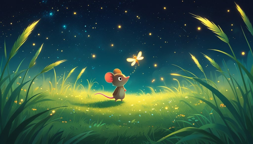 Tiny mouse in a magical meadow at night, guided by a glowing firefly among soft grasses and twinkling stars.