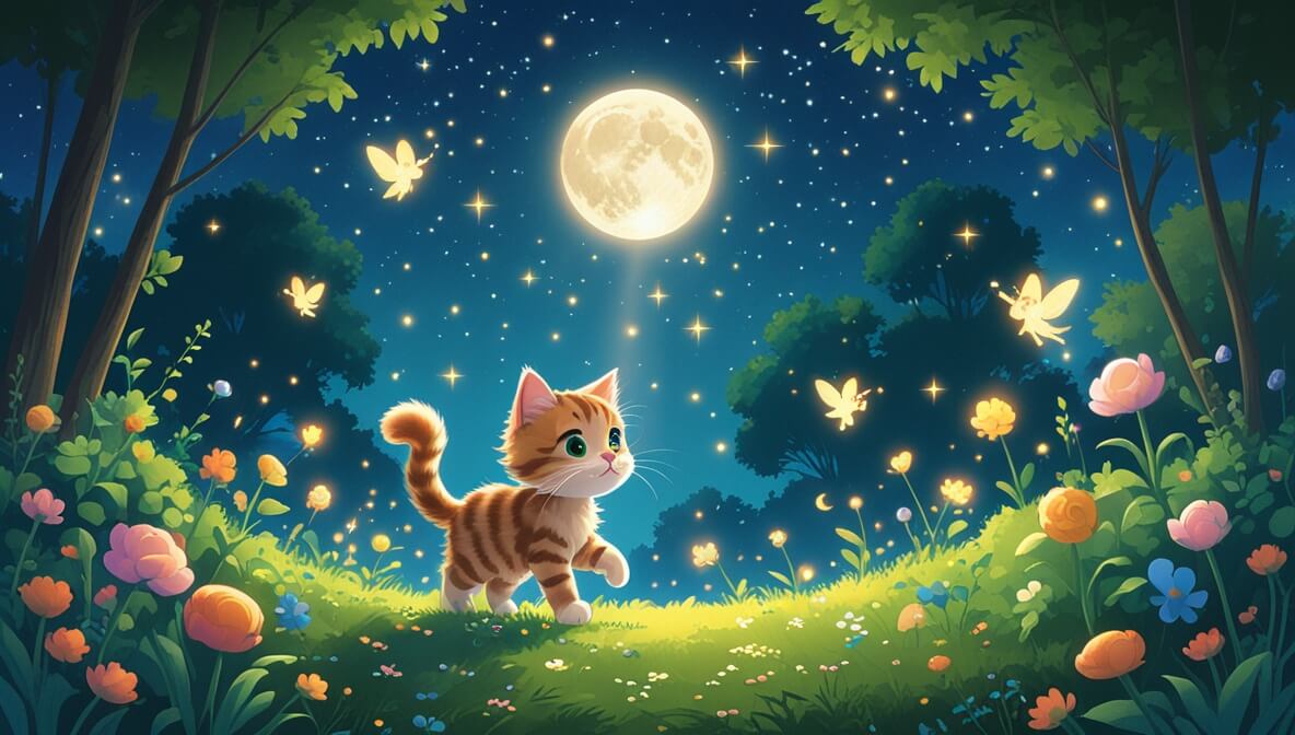 Playful kitten follows a glowing moonbeam in a magical garden with fairies and blooming flowers under starry skies.