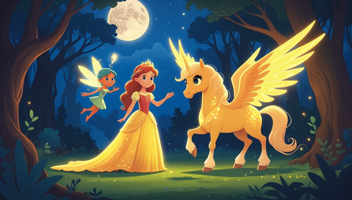 Princess in gown with glowing Pegasus and sprite in enchanted forest under moonlit sky and whispering trees.