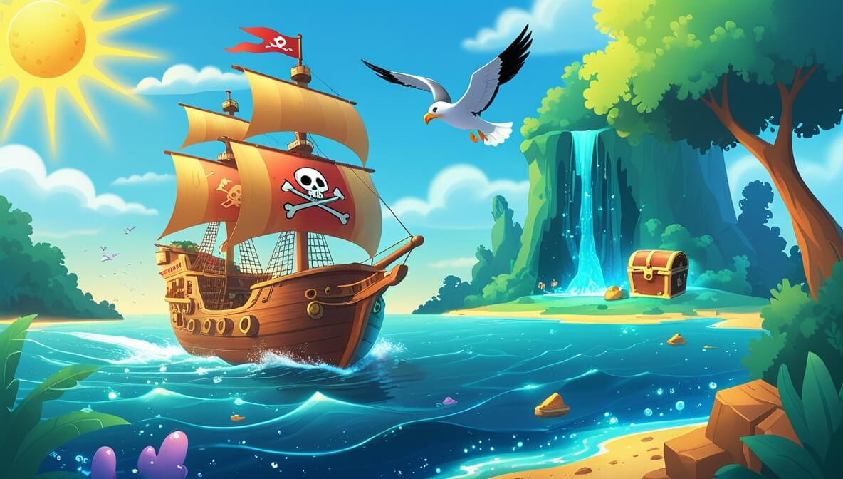 Pirate ship sailing under a sunny sky, lush island ahead with misty cave, sparkling lagoon, and treasure chest.