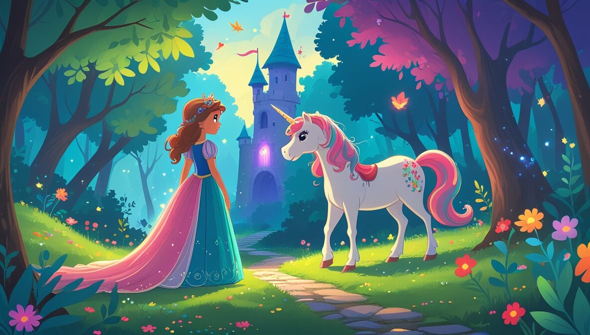 Princess and friend gaze at a unicorn in an enchanted forest with shimmering leaves and colorful flowers.