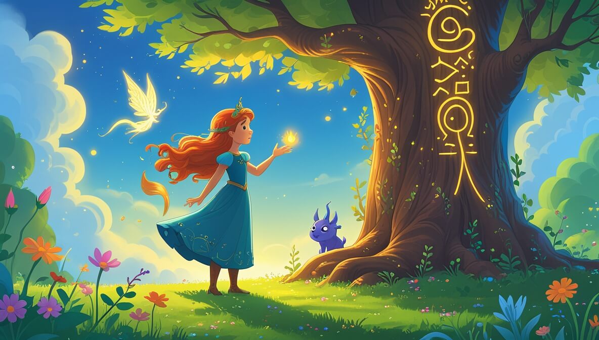 Auburn-haired princess touches a rune-covered tree, watched by a winged creature in a vibrant, sunlit glade.