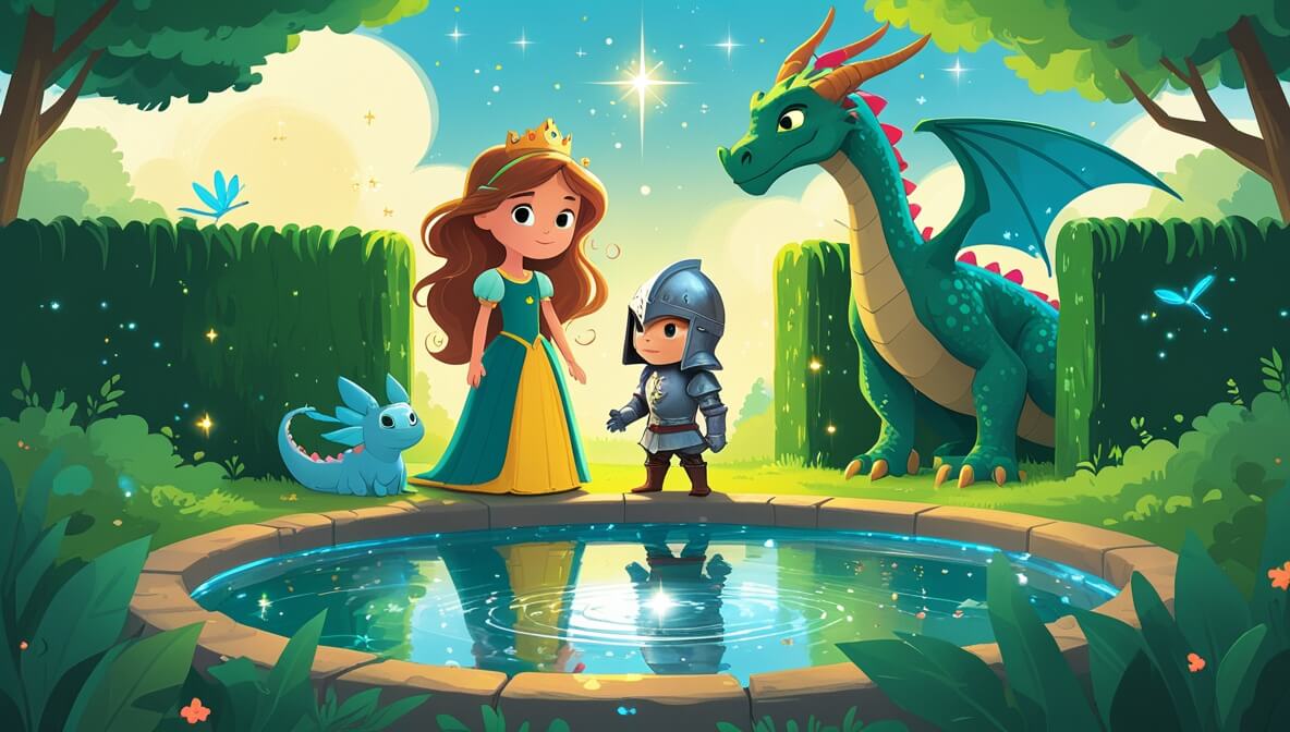 Princess and knight by a magical pool, watched by a gentle dragon in a green labyrinth under a clear sky.