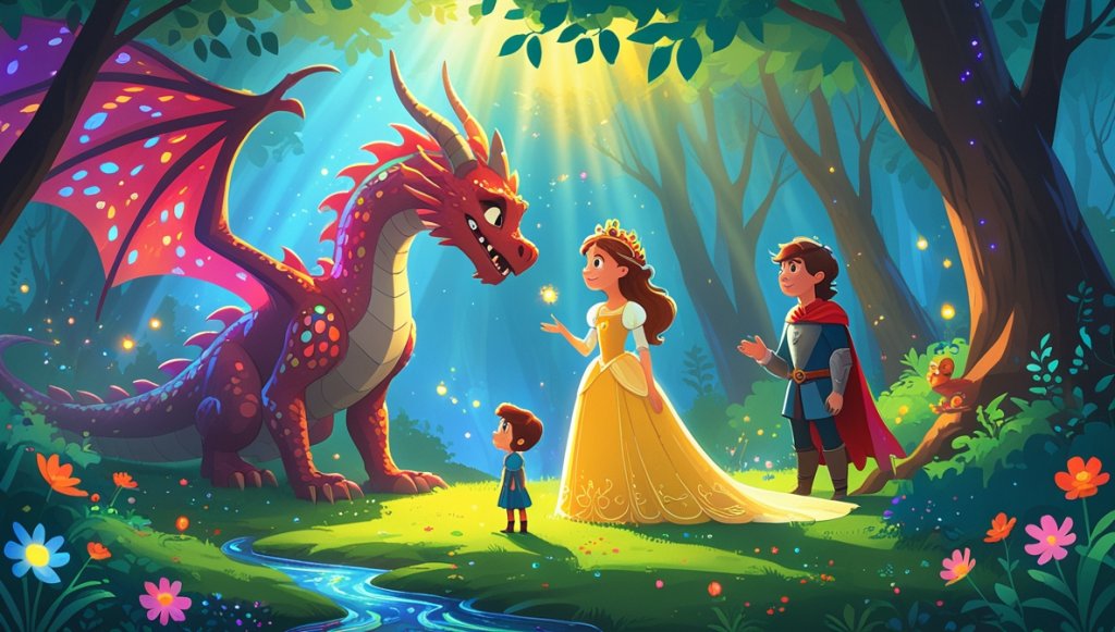 Princess stands before a majestic dragon in a sunlit forest, with a knight and sprite nearby amidst colorful flowers.