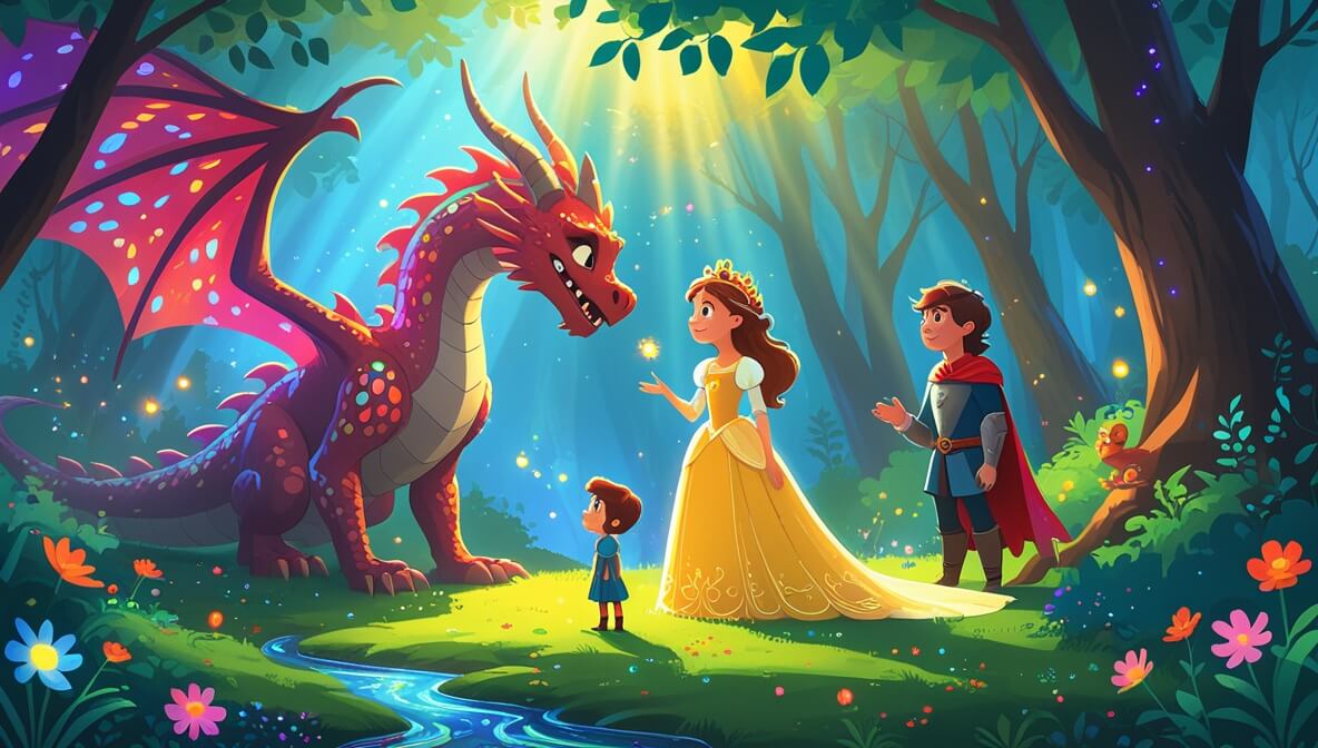 Princess stands before a majestic dragon in a sunlit forest, with a knight and sprite nearby amidst colorful flowers.