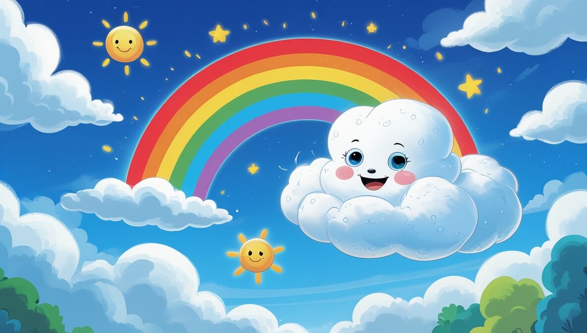Puffy cloud and Sunny sunbeam play above a vibrant rainbow in a bright blue sky.