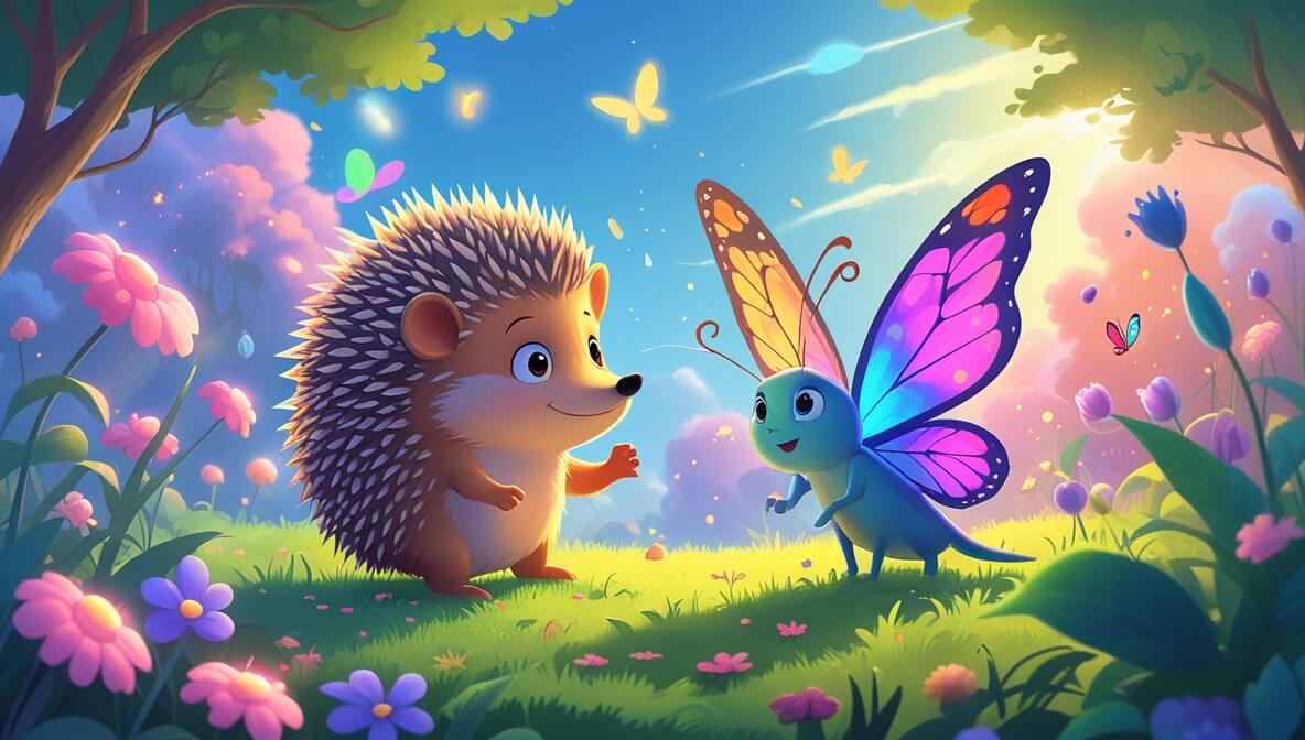 Curious hedgehog and vibrant butterfly in a colorful garden with glowing flowers under a sunny sky.
