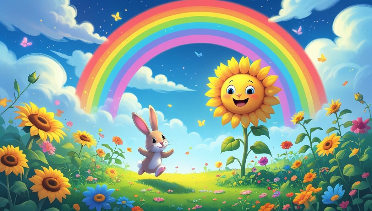 Bunny hopping by a smiling sunflower in a colorful garden under a radiant rainbow arching overhead.
