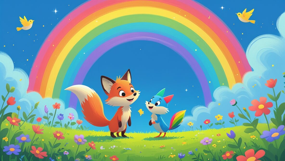 Fluffy-tailed fox and colorful bird in a flower-filled meadow gaze at a vibrant rainbow in a bright blue sky.