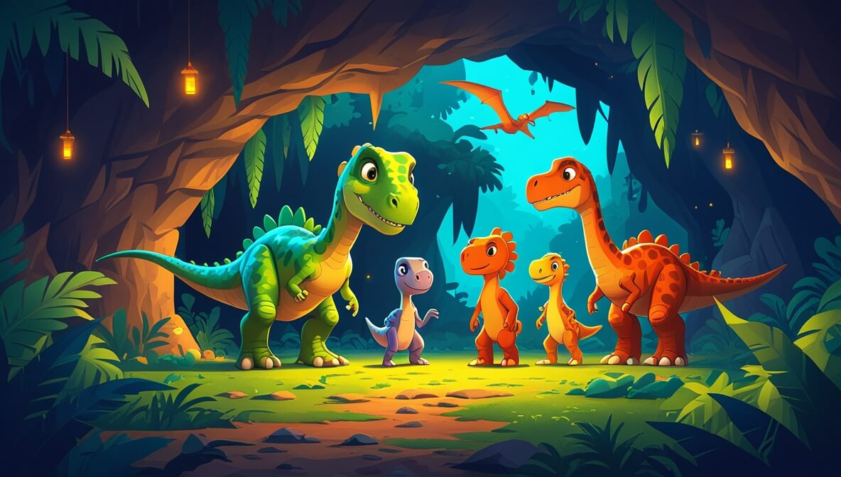 Young green dinosaur with friends, including a Brachiosaurus and Triceratops, near a glowing cave in a jungle.