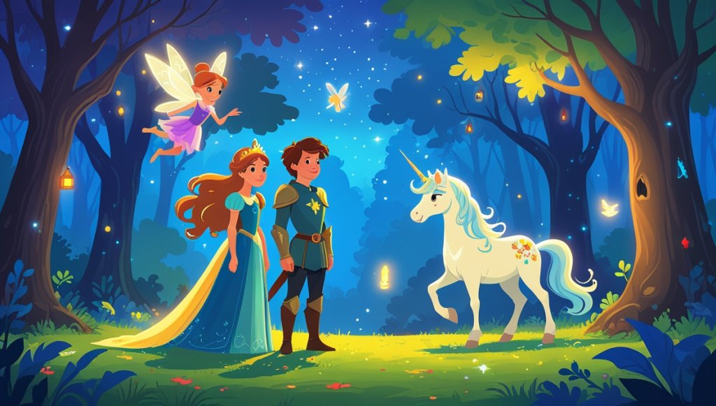 Brave princess, loyal knight, mischievous fairy, and unicorn in a shimmering enchanted forest under a magical sky.