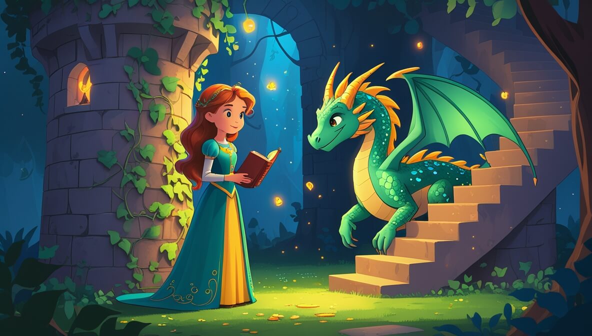 Princess Aria and Drake the dragon in an ivy-covered tower with an ancient magical book and glowing light.