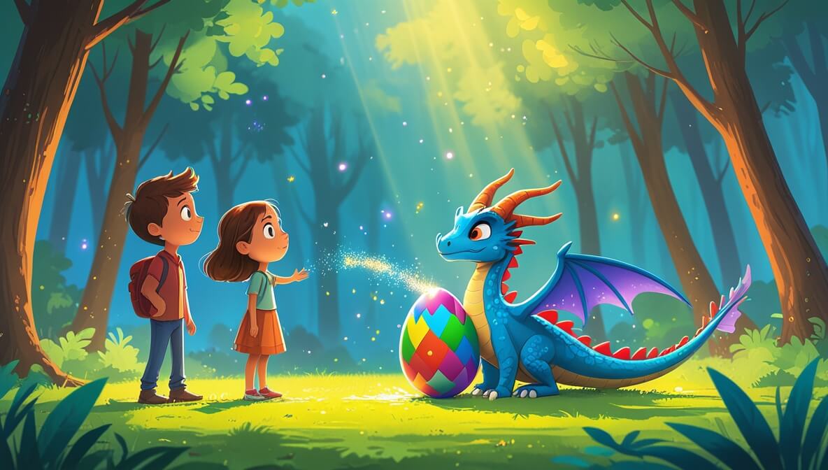 Curious kids meet a blue dragon hatching in a magical, sunlit forest clearing.
