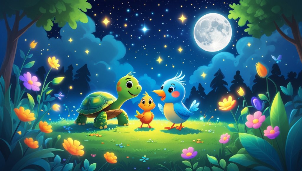 Turtle and bird under a bright moon in a glowing flower garden with twinkling stars and dancing insects.