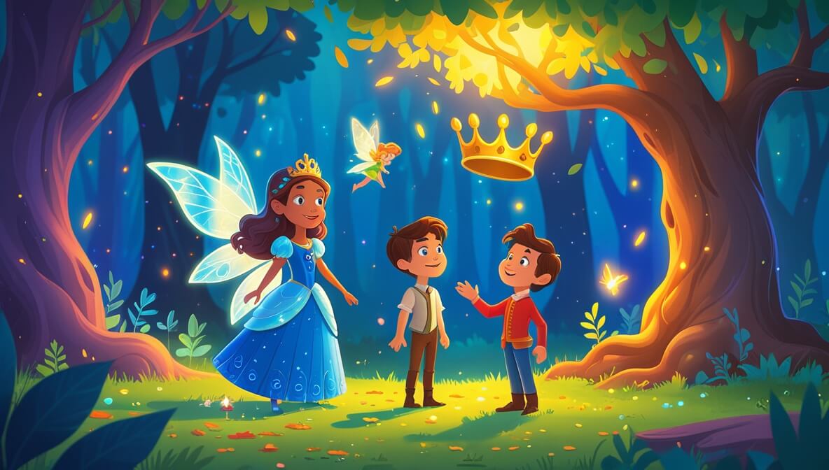 Princess in enchanted forest with glowing leaves, fairy nearby, prince reaching for floating golden crown.