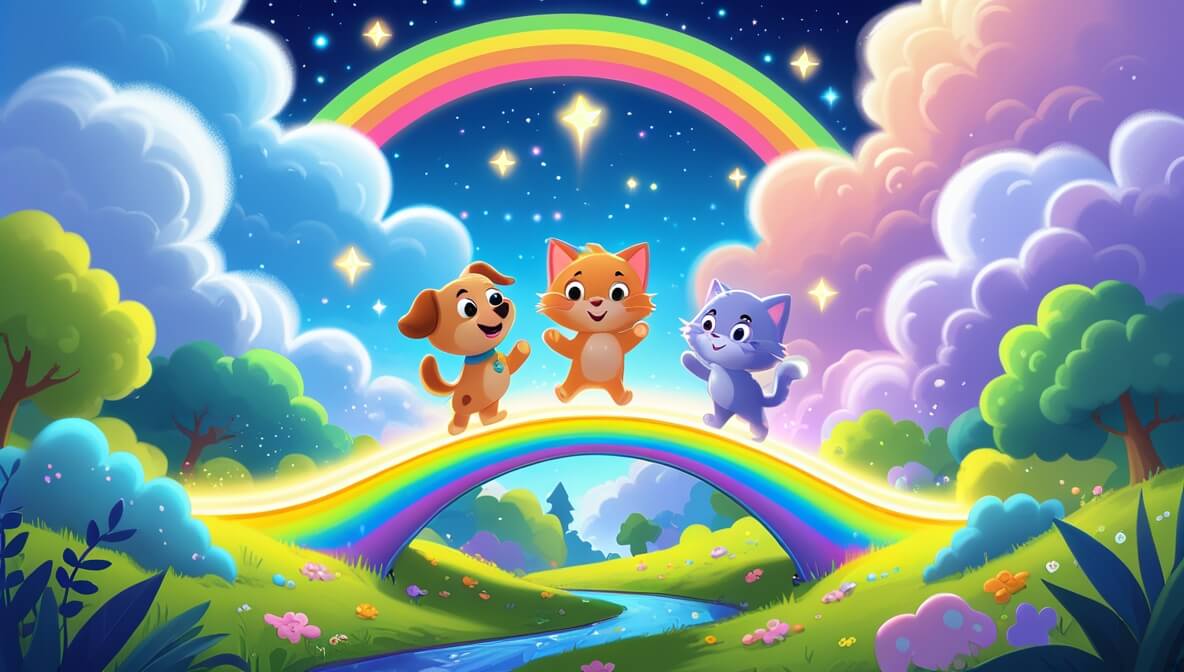 Curious puppy and gentle kitten crossing a glowing rainbow bridge with colorful clouds and twinkling stars.