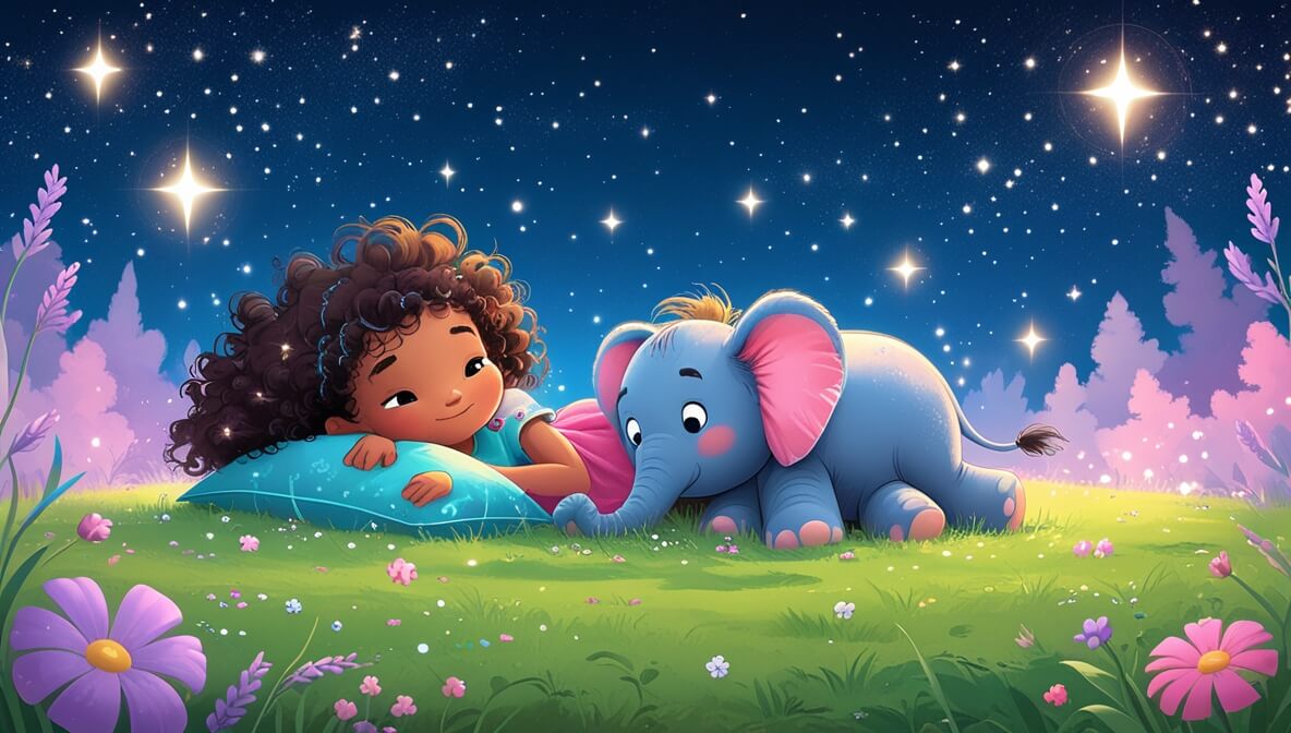 Curly-haired girl with plush elephant on grass, under starry blue sky, surrounded by pink and purple flowers.
