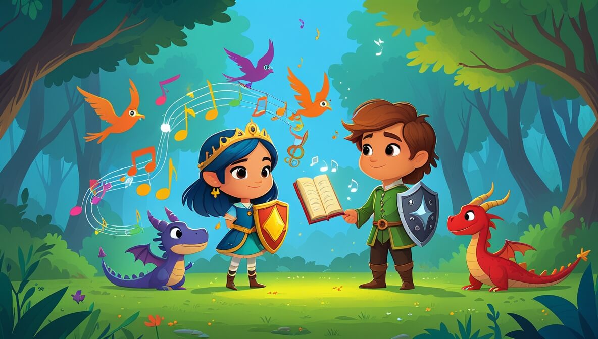 Princess with a glowing spellbook, knight with a shield, vibrant birds, and a peaceful dragon in a lush forest.