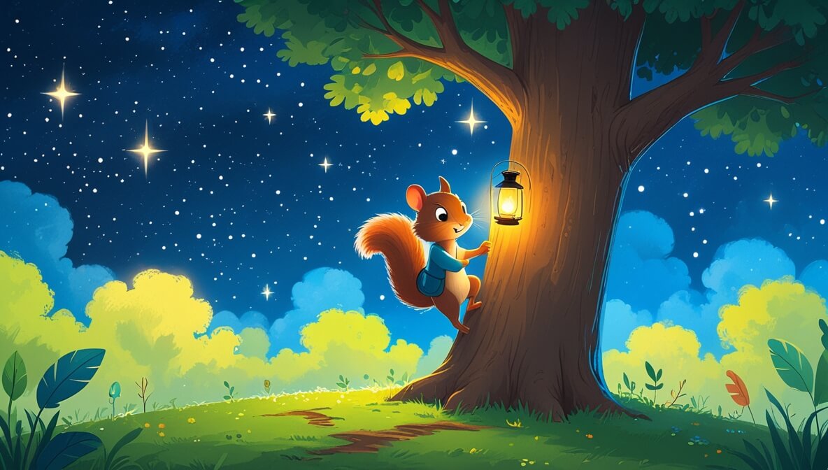 Squirrel with bushy tail and brave mouse with lantern climb oak tree under a starry night sky.