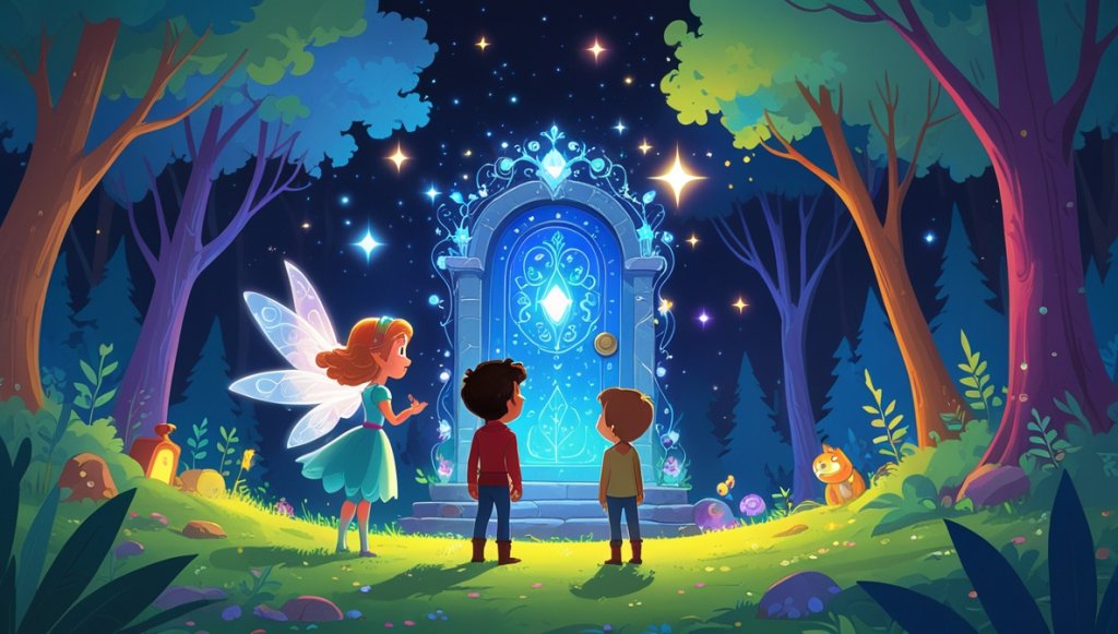 Princess, prince, and fairy in a glowing enchanted forest with a magical door in the starry night sky.