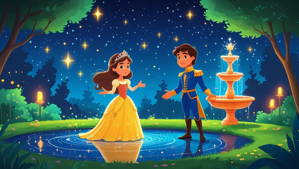 Princess and prince beside a shimmering fountain under a starry night in an enchanted garden.